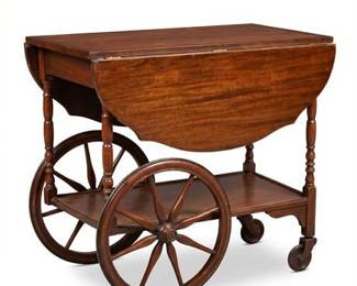 Mahogany Drop-Leaf Tea Cart with Wagon Wheels