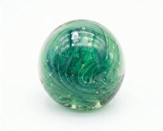 Green Swirled Art Glass Paperweight with Bubbles