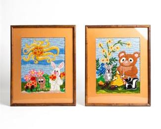 Pair of 1983 Framed Long-Stitch Nursery Embroideries