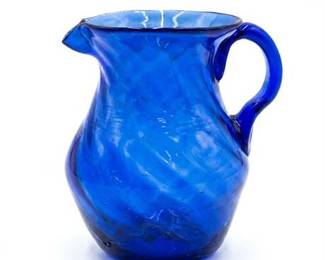 Hand-Blown Cobalt Blue Swirl Glass Pitcher