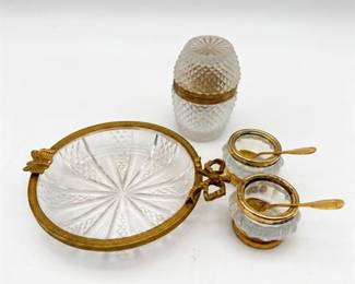 Cut Crystal Dish, Lighter and Salts with Gilt Mounts