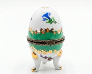 Footed Porcelain Egg Trinket Box with Gilt Floral Decor