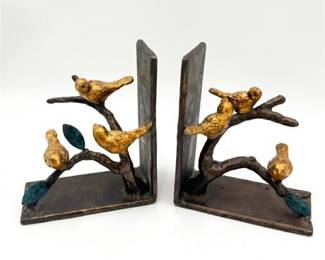 Pair of Cast Metal Bookends with Gilt Birds on Branches