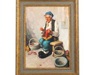 Italian Genre Oil Painting of Fisherman with Lobster