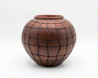 Terracotta Globular Vessel with Incised Grid Pattern