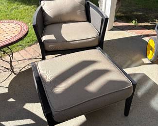 Four Brown Jordan wide patio chairs and two foot rests with premium fabric cushions