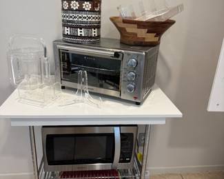 Microwave, bar cart, toaster oven 