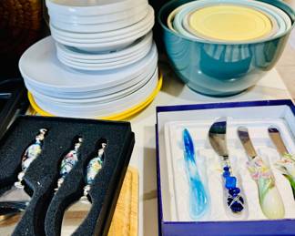 vintage Neiman Marcus Franz Collection cheese spreader set features artistically crafted handles with blue beads and delicate floral designs. Vintage  Neiman Marcus Franz Collection cheese spreader set features artistically crafted handles with blue beads and delicate floral designs.