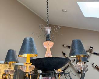 Iron, lucite, colored glass chandelier
