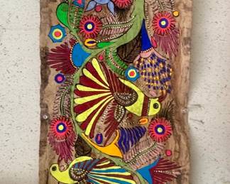 Folk Art vintage Mexican Amate bark painting featuring colorful birds and floral designs
