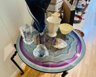 Hand forged iron base table with amethyst look top