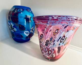 Possibly Wes Hunting studio art glass "Colorfield" vessel, featuring vibrant multicolor cane and millefiori decorations