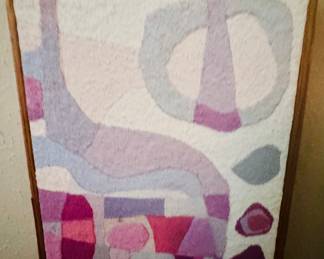 contemporary abstract painting featuring a neutral palette with pink, purple, and grey accents