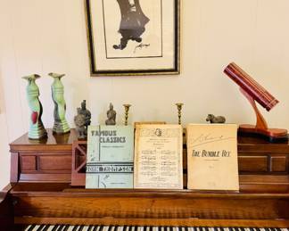 Yamaha upright with bench, sheet music, 