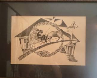 This is a framed lithograph titled "The Way Home" by Polish-Israeli artist Moshe Bernstein (1920–2006).The artwork depicts a stylized figure leading a horse across a circular bridge, set within a landscape of traditional shtetl houses.