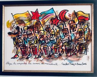 "Lámina Comparsa" by Uruguayan artist Carlos Páez Vilaró, featuring colorful drumming figures.