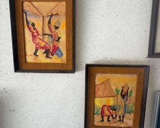 Era 1950s maybe vintage Haitian folk art painting featuring vibrant, dancing figures.The original watercolor on paper is likely signed by a Haitian artist such as T. Jean or Roger Dupoux