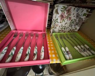 Portmeirion Botanic Garden pastry forks, which feature porcelain handles decorated with various floral motifs.