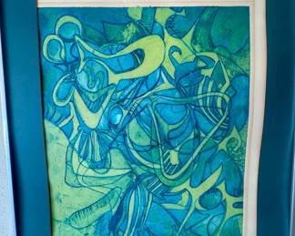 This is an abstract expressionist style painting in shades of blue and green