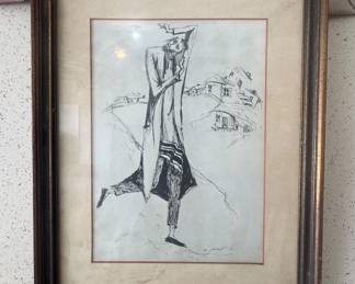 This framed charcoal drawing appears consistent with works by artists like Moshe Bernstein, who created figural drawings of Jewish faces.