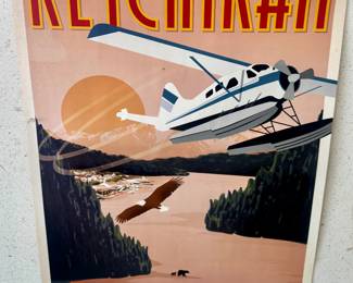 This vintage-style Ketchikan travel poster, often available from brands like Lantern Press, features a seaplane flying over Misty Fjords National Monument.