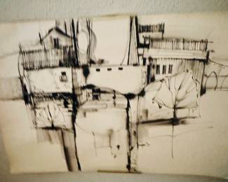 monochromatic artwork appears to be an ink or charcoal cityscape drawing, similar to styles used in 1950s urban sketches