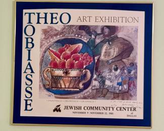 The artwork itself is an offset lithograph titled "Shavuot: Plate IV (With Border)". This framed exhibition poster features artwork by Théo Tobiasse.The poster advertises an exhibition held at the Jewish Community Center of Dallas in 1983 .
