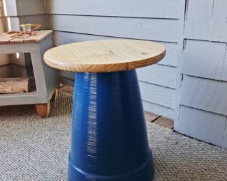 Outdoor blue table with wood top