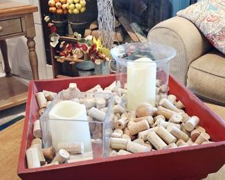 home decor candles in wood tray