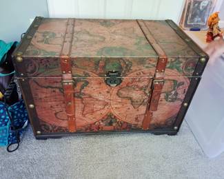 World map trunk with leather straps
