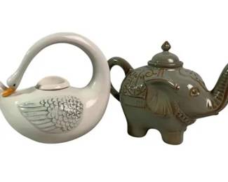 Pair of Pier 1 Ceramic Teapots Swan Elephant Designs