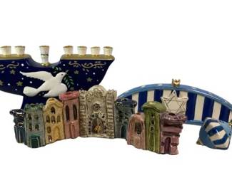Ceramic Hanukkah Menorahs Dreidel Jerusalem Village Decor Lot