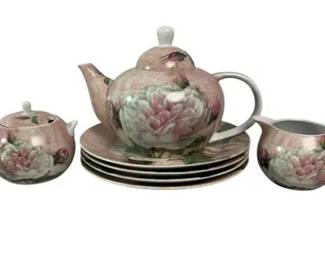 Baum Bros Antique Rose Tea Set Teapot Creamer Sugar Bowl 4 Saucers