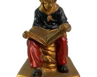 Vintage Armor Bronze Scholar Reading Figurine with Cat Hand Painted Decorative Statue