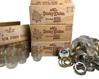 Lot of Jars 3 Boxes of 12oz Jars, 1 Box of Assorted Sizes, and Various Lids