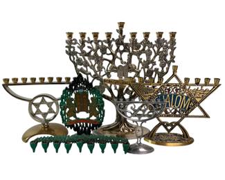 Lot of 5 Menorahs Mixed Metal Hanukkah Candle Holders Including Shalom Design