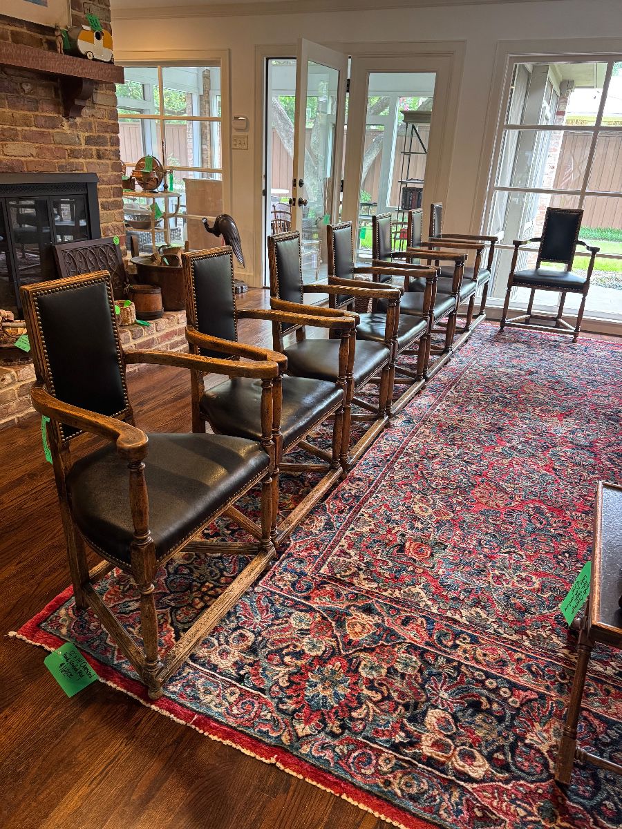 Dennis and Leen Set of 8 Leather and Wood Armchairs