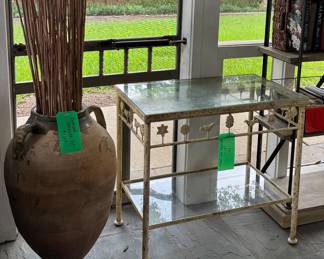 Pair of Wrought Iron Tables with Glass Top and Glass Shelf
