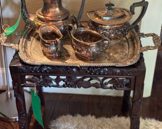 Asian Side Table / Silver Tea Set