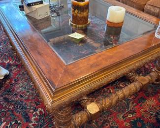 Heavy Intricately Carved Wooden Coffee Table with Beveled Glass 