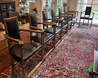 Dennis and Leen Set of 8 Leather and Wood Armchairs