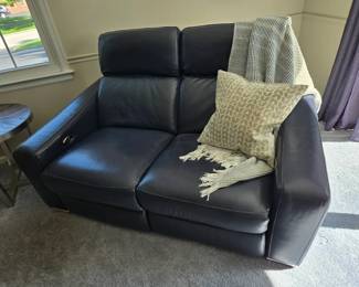 Blue electric reclining loveseat, stretch out for a movie!