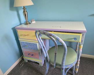 Painted desk, chair, and lamp