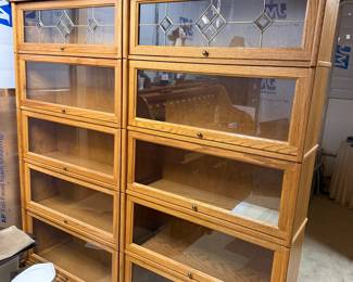 Set of Two Oak Barrister Bookcases with Leaded Glass