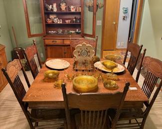 Antique Oak Spindle Back Dining Set with Amber Glassware and China Cabinet