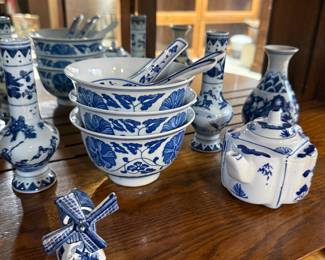 Blue and White Porcelain Tea Set with Windmill Figurine and Vases