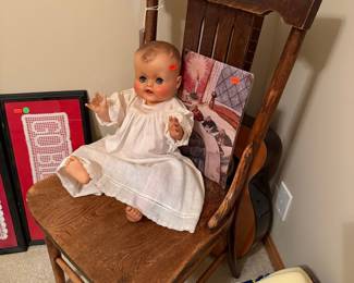 Antique Wooden Rocking Chair with Vintage Baby Doll and Print