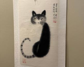 Chinese Ink Wash Painting of a Cat by Da Wei Kwo