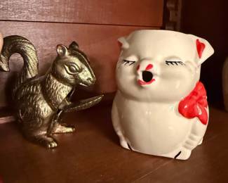 Vintage Shawnee Pottery Pig Creamer and Metal Squirrel Nutcracker