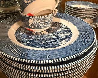 Currier & Ives "Old Grist Mill" Blue and White Transferware Dinnerware Set